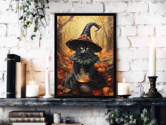Witch Cat Halloween Print: Gothic Black Cat Art, Autumn Decor