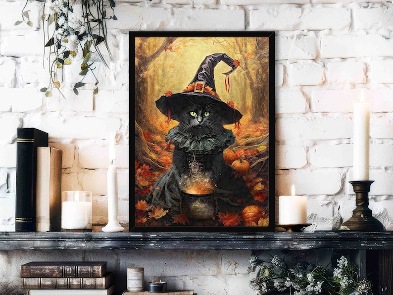 Halloween Witch Cat Wall Art Print // Gothic Vintage Painting Style Black Cat Casting Spells in a Forest on All Hallows Eve - Autumn Decor