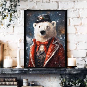 Polar Bear Winter Christmas Wall Art Print / Vintage Painting Style Portrait of Arctic Animal in Victorian Suit - Festive Holiday Home Decor