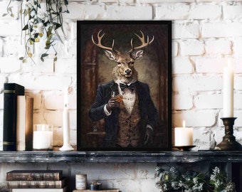 Stag Drinking Whisky Wall Art Print // Vintage Painting Style Portrait of Scottish Stag / Deer in Victorian Suit - Animal Decor Poster Gift