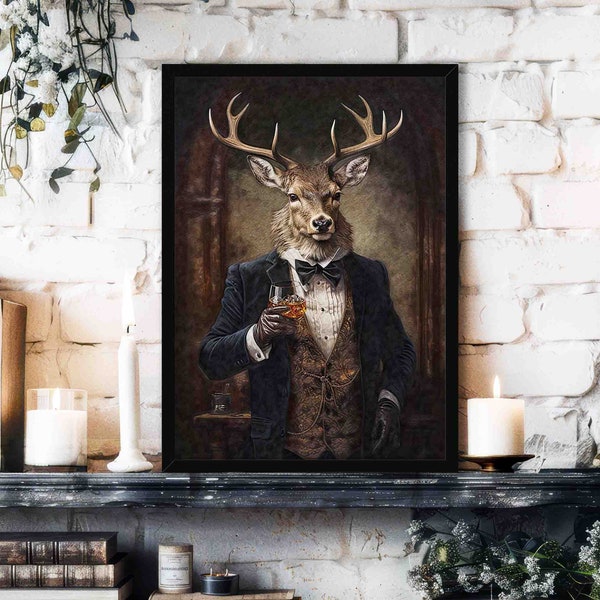 Stag Drinking Whisky Wall Art Print // Vintage Painting Style Portrait of Scottish Stag / Deer in Victorian Suit - Animal Decor Poster Gift