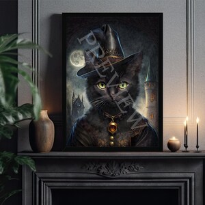 May include: A black cat wearing a witch's hat and a gold necklace with a pendant. The cat is in front of a dark, gothic background with a full moon and a tall tower.