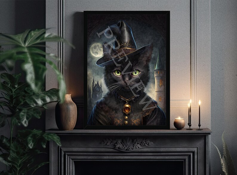 May include: A black cat wearing a witch's hat and a gold necklace with a pendant. The cat is in front of a dark, gothic background with a full moon and a tall tower.