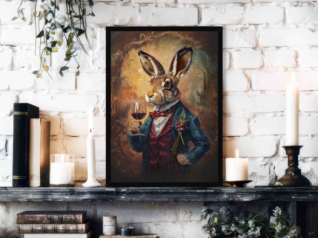 Hare Drinking Wine Wall Art Print / Vintage Painting Style Portrait of ...
