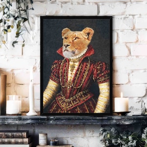 Lioness Queen Art Print // Vintage Historical Royal Painting Style Lady Lion Portrait with Renaissance Ruff Outfit / Animal Lover Home Decor