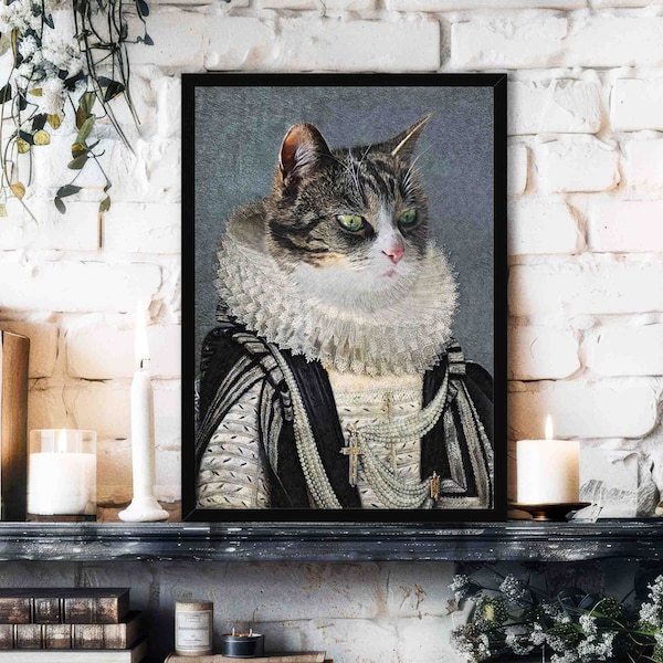 Grey & White Cat Wall Art Print // Vintage Historical Painting Style Portrait of Regal King / Queen with Victorian Ruff - Home Decor Gift