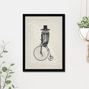 Gentleman Owl Vintage Style Print - 18th Century Victorian Wall Art - Owl Bird with Unicycle, Top Hat & Monocle - Steampunk Illustration image 2