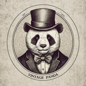 K&ouml;nnte beinhalten: Eine Schwarzwei&szlig;illustration eines Pandas, der einen Zylinder und eine Fliege tr&auml;gt. Der Panda befindet sich in einem runden Rahmen mit dem Text "EST 2020" und "Vintage Panda" unter dem Bild.