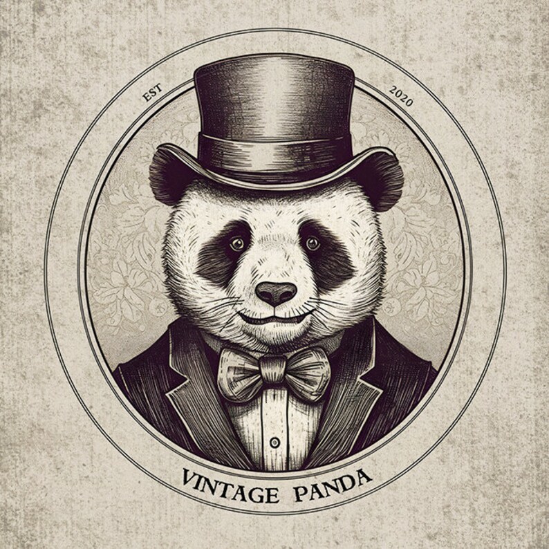 K&ouml;nnte beinhalten: Eine Schwarzwei&szlig;illustration eines Pandas, der einen Zylinder und eine Fliege tr&auml;gt. Der Panda befindet sich in einem runden Rahmen mit dem Text "EST 2020" und "Vintage Panda" unter dem Bild.