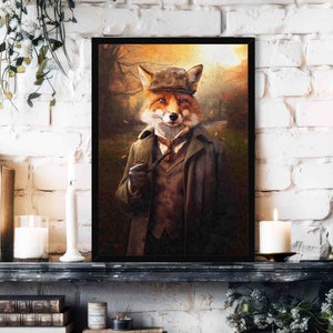 Fox Lord Wall Art Print // Vintage Painting Style Portrait of Gentleman Red Fox with Victorian Outfit, Cap & Pipe - Animal Decor Poster Gift