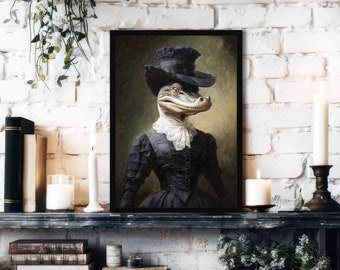Alligator Lady Wall Art Print // Vintage Painting Style Portrait of Reptile / Crocodile in Gothic Victorian Outfit - Animal Home Decor Gift