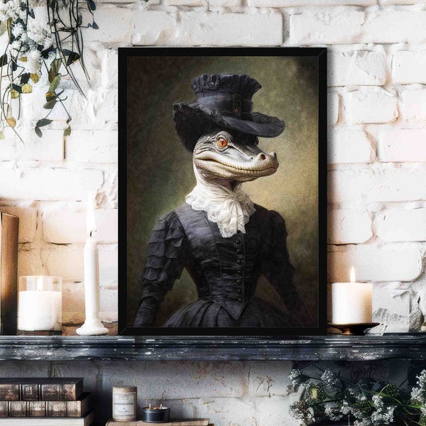 Alligator Lady Wall Art Print // Vintage Painting Style Portrait of Reptile / Crocodile in Gothic Victorian Outfit - Animal Home Decor Gift