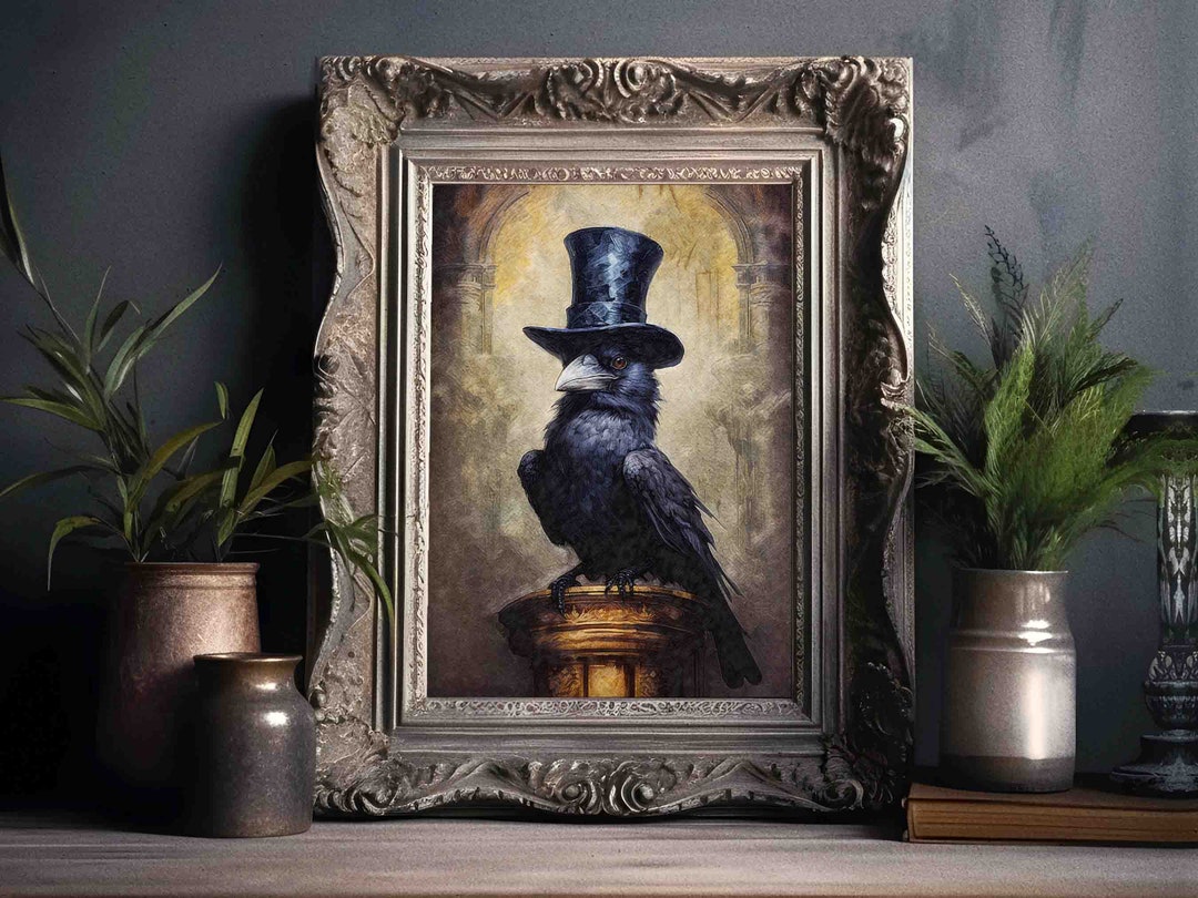 Raven With Top Hat Wall Art Print // Vintage Gothic Painting Style