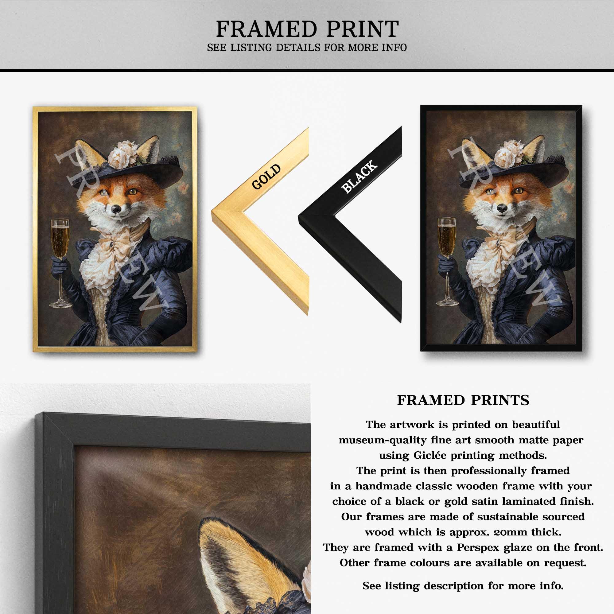Fox Lady Drinking Champagne Wall Art Print // Vintage Painting