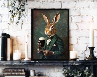 Hare Drinking Stout Wall Art Print // Vintage Painting Style Portrait of Rabbit in Suit with Irish Beer - Ireland Animal Decor Poster Gift