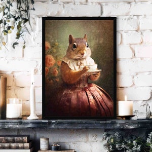Lady Squirrel Wall Art Print // Vintage Painting Style Portrait of Squirrel with Teacup in Pink in Victorian Dress - Cute Home Decor Poster