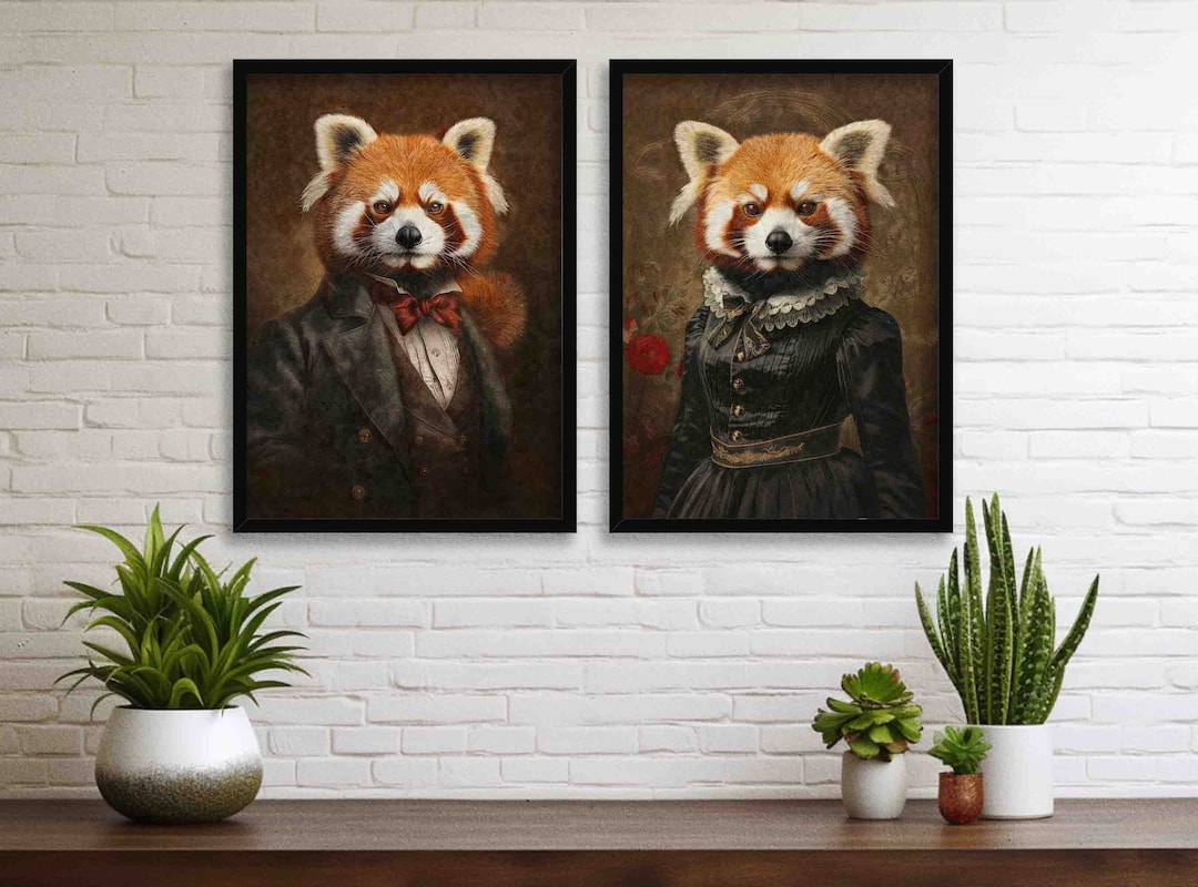 Red Panda Wall Art Set - Vintage Painting Style Portraits of Man & Lady ...