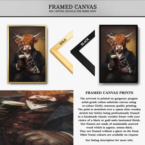 Op de afbeelding: Ingelijste canvas prints met een grillig portret van een Schotse Hooglandkoe in een pak, met een pint bier. Verkrijgbaar met gouden of zwarte frames. Het kunstwerk is gedrukt op hoogwaardig canvas.