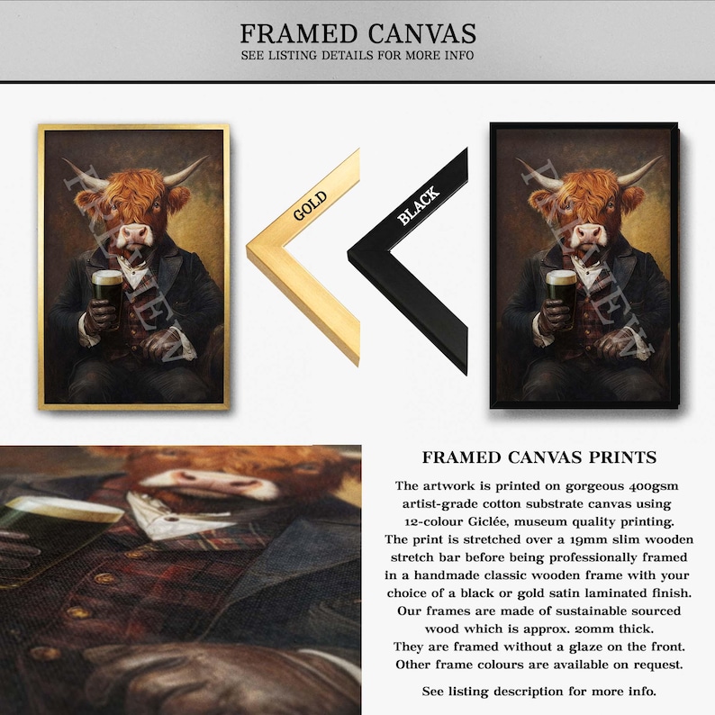 Op de afbeelding: Ingelijste canvas prints met een grillig portret van een Schotse Hooglandkoe in een pak, met een pint bier. Verkrijgbaar met gouden of zwarte frames. Het kunstwerk is gedrukt op hoogwaardig canvas.