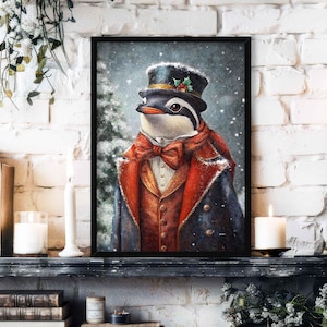Penguin Winter Christmas Wall Art Print // Vintage Painting Style Portrait of Arctic Bird in Victorian Suit - Festive Holiday Season Decor