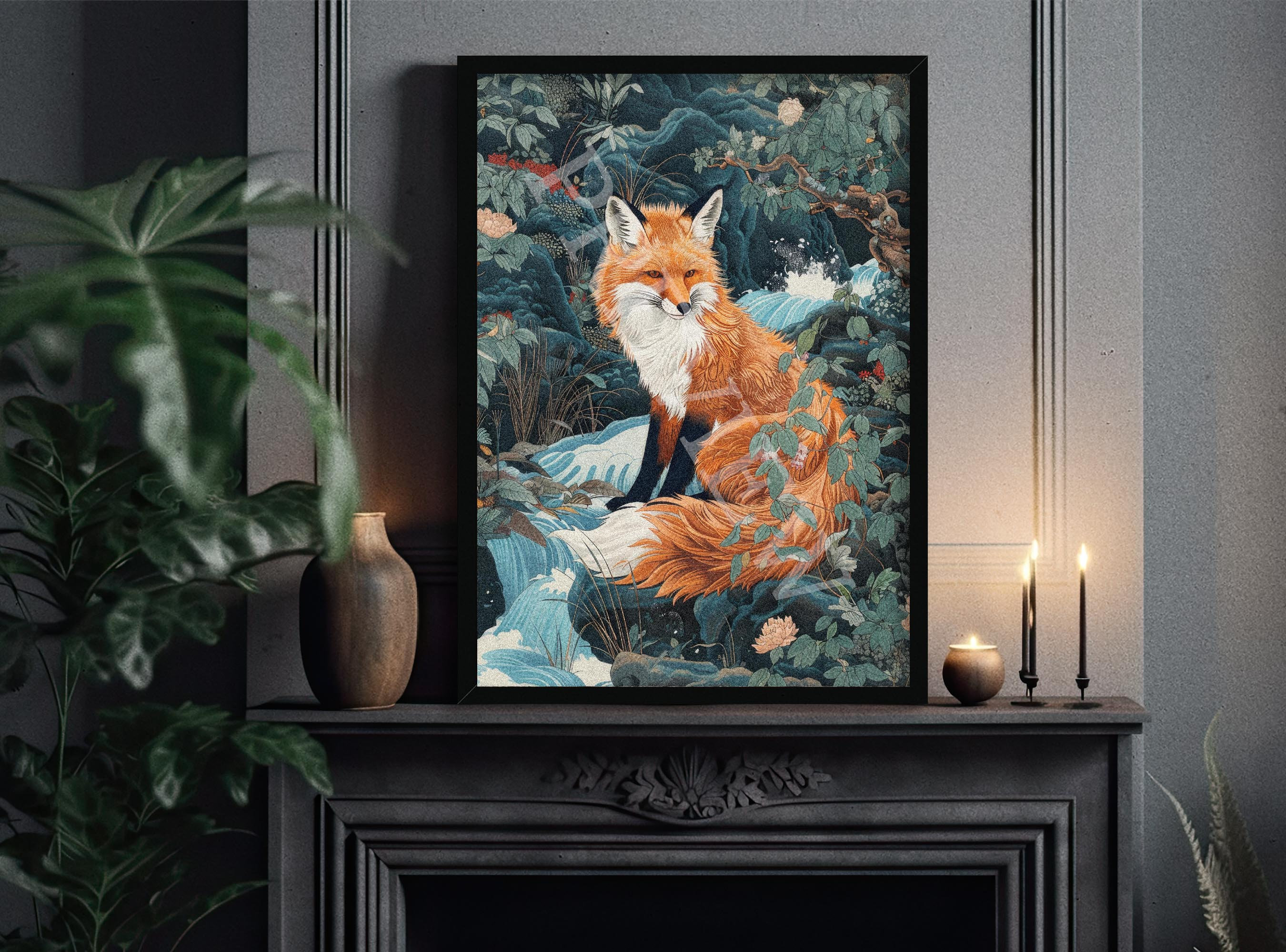 Fox & Waterfall Art Print // Vintage Woodblock Japanese Painting