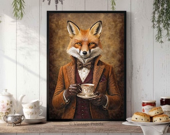 Fox Drinking Tea Wall Art Print: Vintage Style Animal Portrait of Gentleman Red Fox - Whimsical Kitchen & Dining Decor Poster Gift