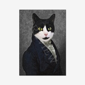 K&ouml;nnte beinhalten: Eine schwarz-wei&szlig;e Katze tr&auml;gt einen blauen Anzug mit einer wei&szlig;en Krawatte. Die Katze hat gr&uuml;ne Augen und einen ernsten Gesichtsausdruck. Der Hintergrund ist dunkelgrau.