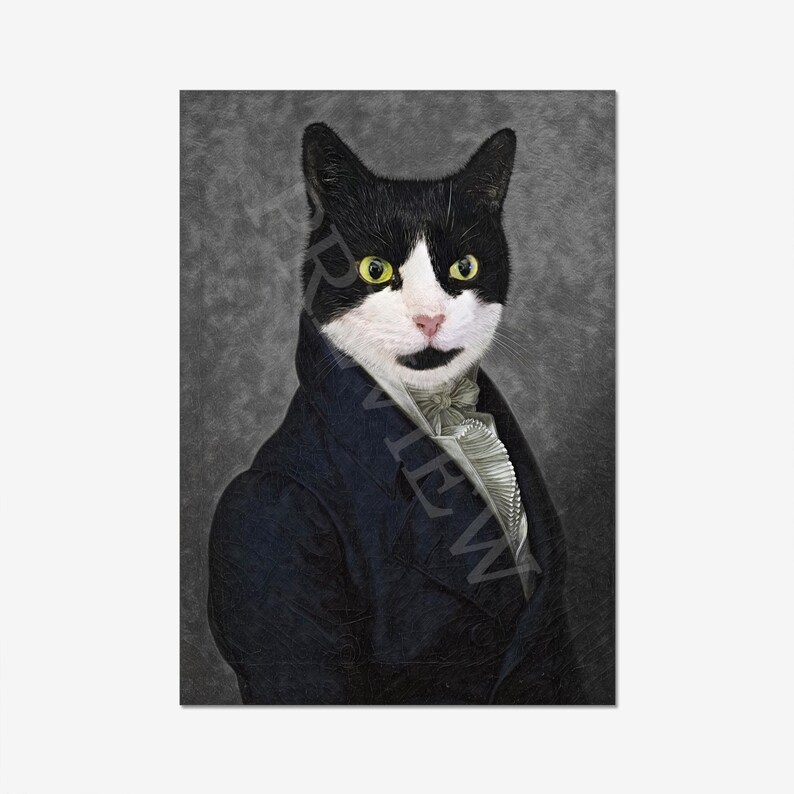 K&ouml;nnte beinhalten: Eine schwarz-wei&szlig;e Katze tr&auml;gt einen blauen Anzug mit einer wei&szlig;en Krawatte. Die Katze hat gr&uuml;ne Augen und einen ernsten Gesichtsausdruck. Der Hintergrund ist dunkelgrau.