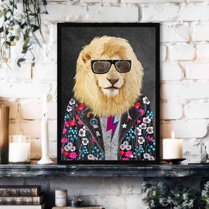 Rock Star Lion Art Print - Fun & Colorful Punk Fashion Lion / Big Cat Painting Style Portrait - Alternative Eclectic Animal Artwork