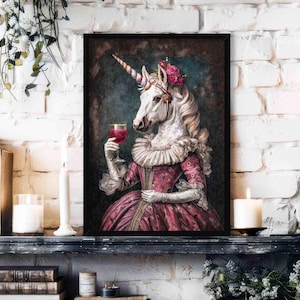 Unicorn Drinking Pink Cocktail Wall Art Print // Vintage Painting Style Rainbow Unicorn in Pink Dress - Whimsical Magical Kitchen Home Decor