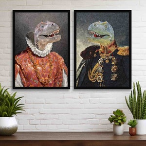 Dinosaur T. Rex Wall Art Set - Vintage Painting Style Portrait of Tyrannosaurus Rex in Renaissance Ruff Outfits - Home Poster Print Bundle