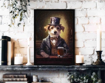 Dog Drinking Beer Wall Art Print / Vintage Style Portrait of Dog in Pub with a Pint of Ale in Victorian Suit - Animal Kitchen Dining Poster