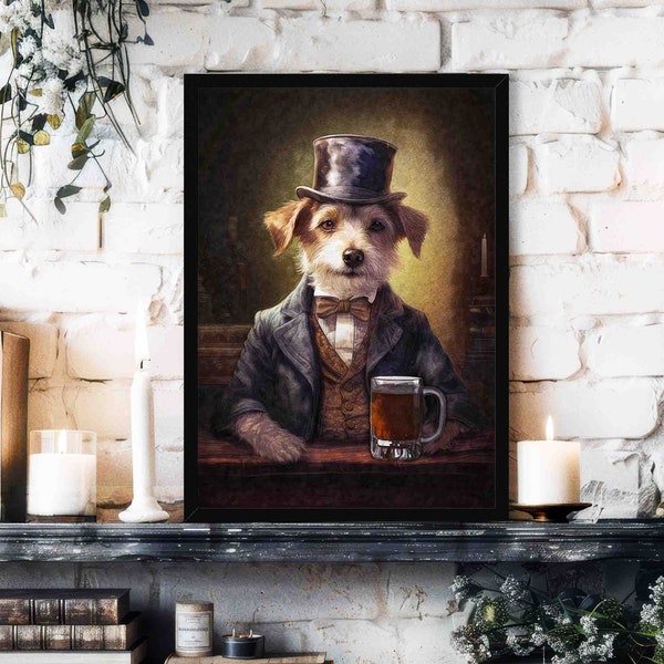 Dog Drinking Beer Wall Art Print / Vintage Style Portrait of Dog in Pub with a Pint of Ale in Victorian Suit - Animal Kitchen Dining Poster