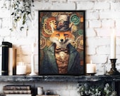 Steampunk Fox Wall Art Print // Vintage Style Portrait of