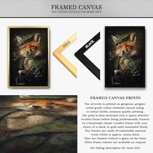 May include: Framed canvas prints featuring a fox in a green hat and jacket, smoking a cigar and holding a beer. Available with gold or black frames. The artwork is printed on canvas.