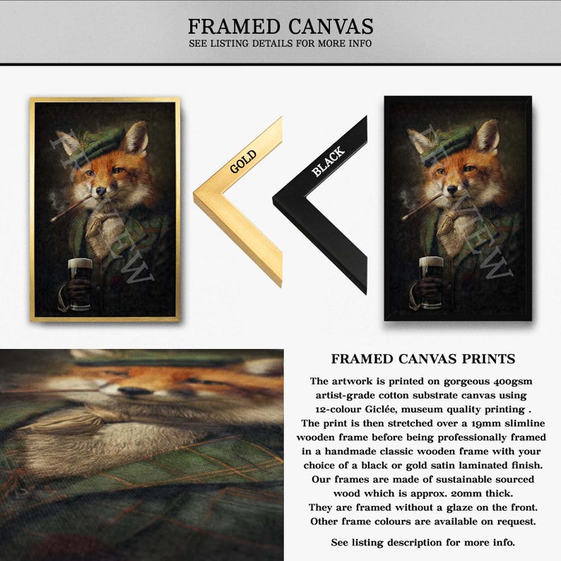 May include: Framed canvas prints featuring a fox in a green hat and jacket, smoking a cigar and holding a beer. Available with gold or black frames. The artwork is printed on canvas.