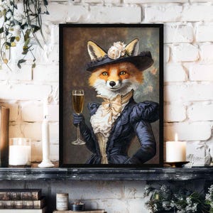 May include: A framed artwork depicts a fox in a Victorian-era outfit, holding a champagne flute. The fox wears a dark blue jacket, a white ruffled collar, and a hat adorned with flowers. The artwork is set against a dark background.