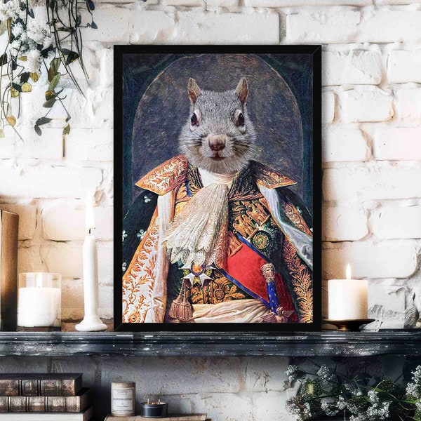 Squirrel King Art Print - Vintage Renaissance Painting Style Portrait of Regal / Royal Grey Squirrel - Woodland Animal Home Decor Gift