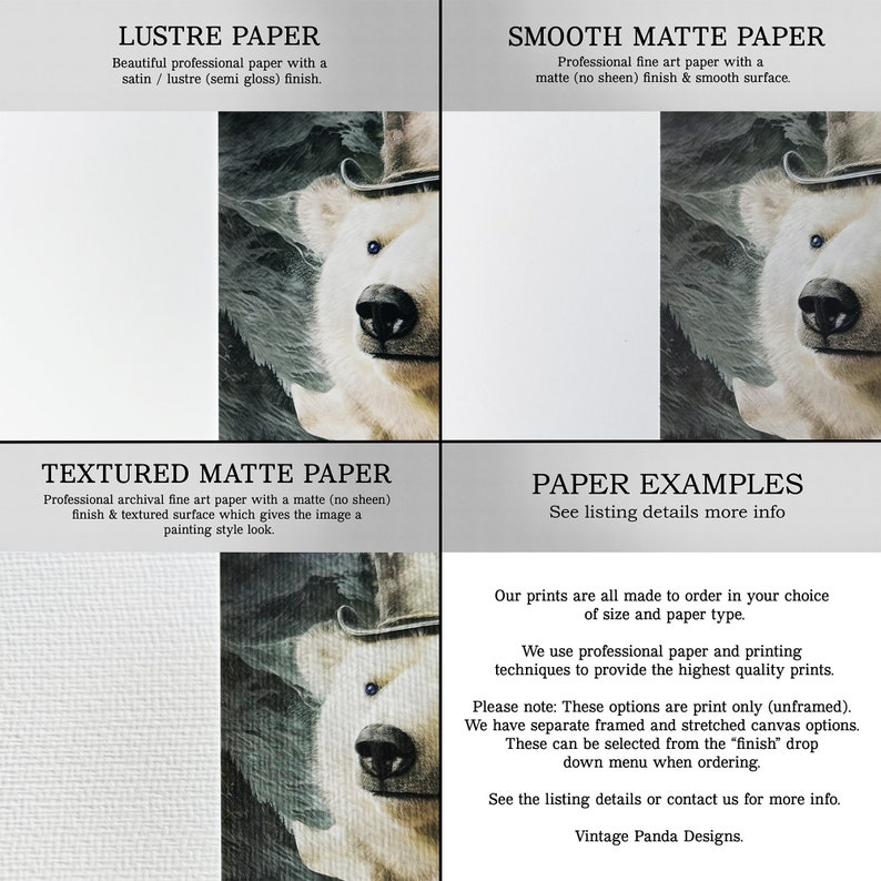 K&ouml;nnte beinhalten: Ein Vergleich verschiedener Papierarten f&uuml;r Kunstdrucke. Die Optionen umfassen Glanzpapier, Glattes Mattpapier, Strukturiertes Mattpapier. Das Bild zeigt auch einen Eisb&auml;ren mit einem Zylinder und den Text "Papierbeispiele" und "Weitere Informationen finden Sie in den Angebotsdetails".