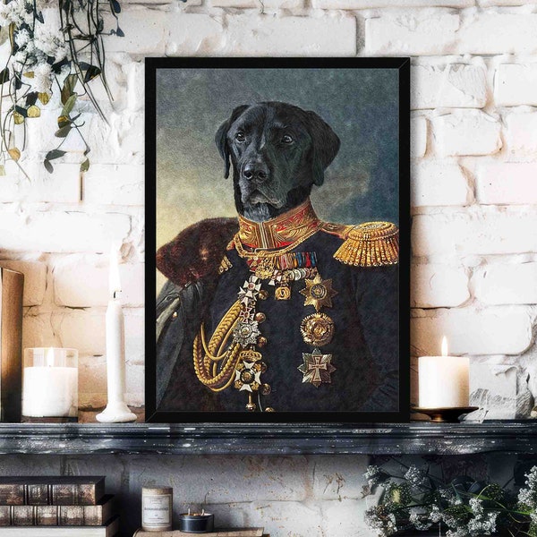 Black Labrador Wall Art Print // Vintage Historical Painting Style Portrait of Dog with Military / Army Officer Uniform - Dog Lover Gift