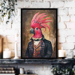 Pink Parrot Wall Art Print // Vintage Painting Style Portrait of Parakeet Bird with Bright Hot Pink Mohawk Hair & Suit - Animal Decor Poster