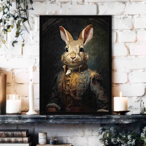Rabbit Warrior Wall Art Print // Vintage Painting Style Portrait of Rabbit in Regal Renaissance Military Outfit - Animal Home Decor Gift