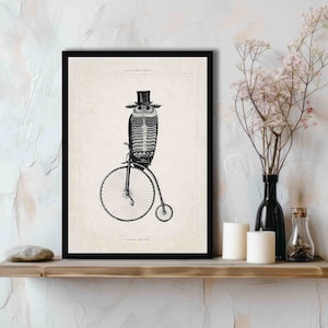 Gentleman Owl Vintage Style Print - 18th Century Victorian Wall Art - Owl Bird with Unicycle, Top Hat & Monocle - Steampunk Illustration