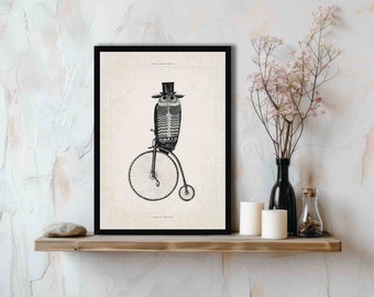 Gentleman Owl Vintage Style Print - 18th Century Victorian Wall Art - Owl Bird with Unicycle, Top Hat & Monocle - Steampunk Illustration