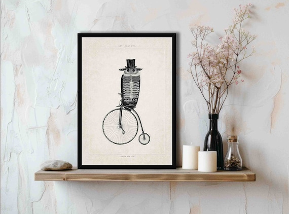 Gentleman Owl Vintage Style Print - 18th Century Victorian Wall Art - Owl Bird with Unicycle, Top Hat & Monocle - Steampunk Illustration