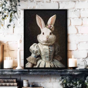 Rabbit Wall Art Print // Vintage Painting Style Portrait of Cute White Bunny Lady in Victorian Dress & Ruff - Animal Home Decor Poster Gift