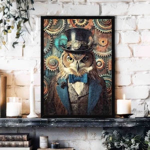 May include: A framed illustration of an owl wearing a top hat and bow tie, with a steampunk-inspired background of gears and cogs.