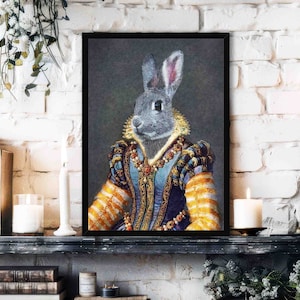 Rabbit Queen Print // Vintage Historical Royal Painting Style Portrait of Bunny Rabbit Wearing Renaissance Outfit - Cute Cottagecore Poster