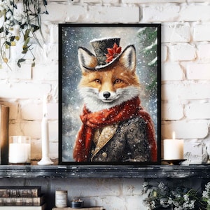 Fox Winter Christmas Wall Art Print / Vintage Painting Style Portrait of Woodland Animal in Victorian Gentleman Suit - Festive Holiday Decor