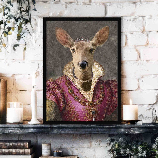 Deer Queen Wall Art Print // Vintage Painting Style Portrait of Regal Scottish Doe in Pink Renaissance Outfit // Maximalist Eclectic Gift